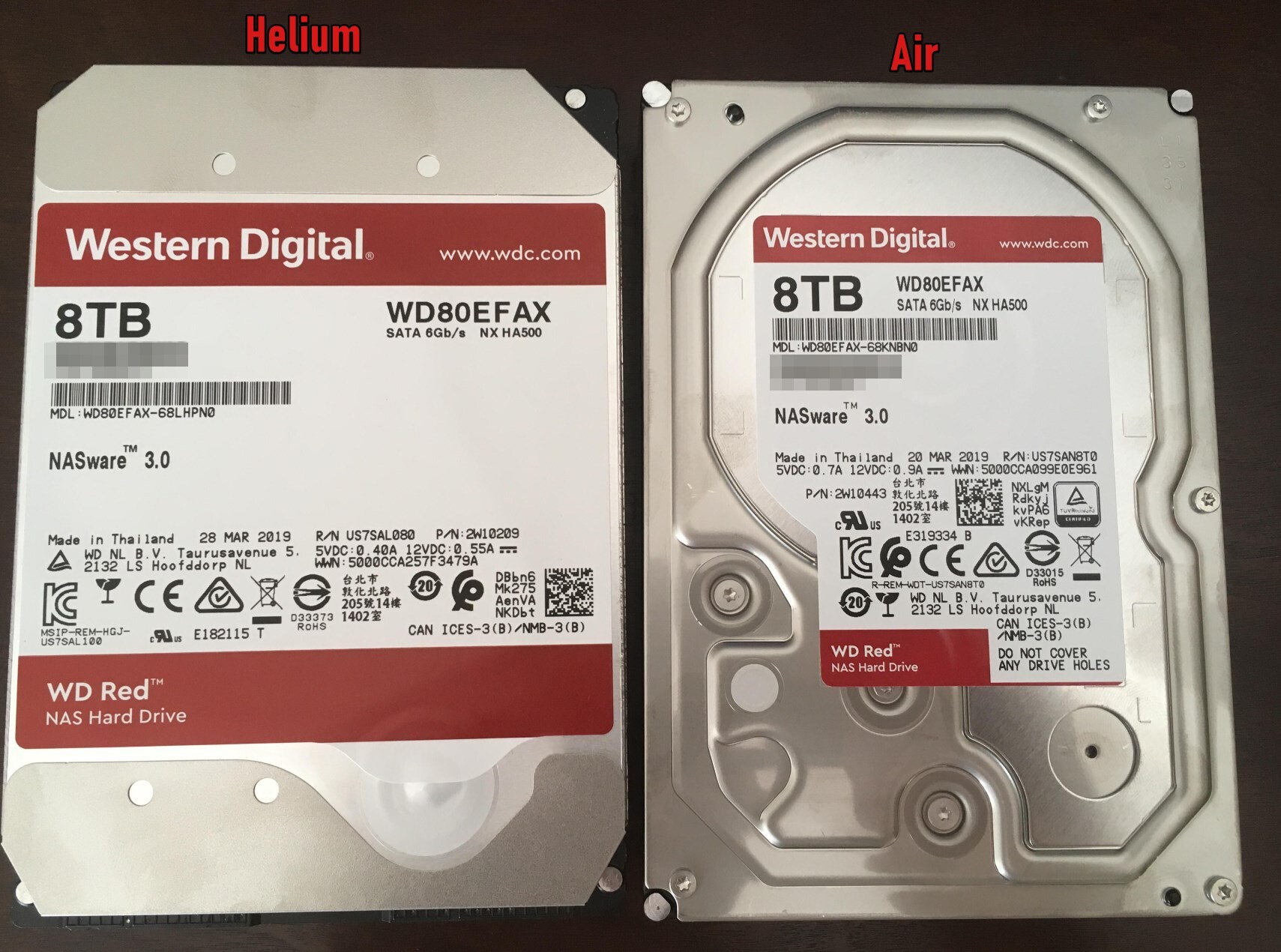 Side by side of helium and air filled HDD